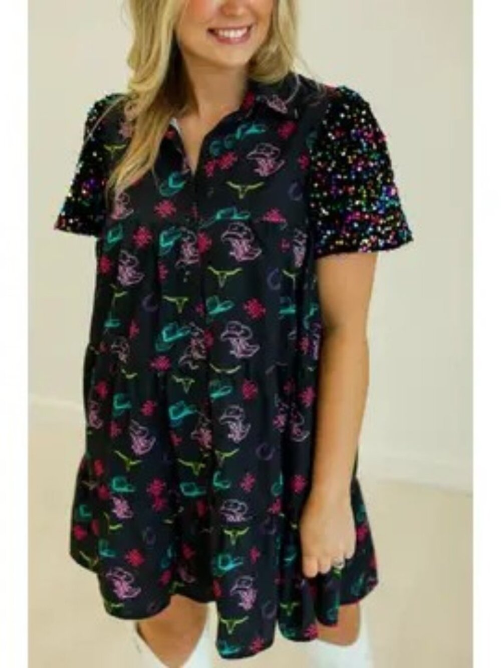 Western Print Shirt Dress: Black
